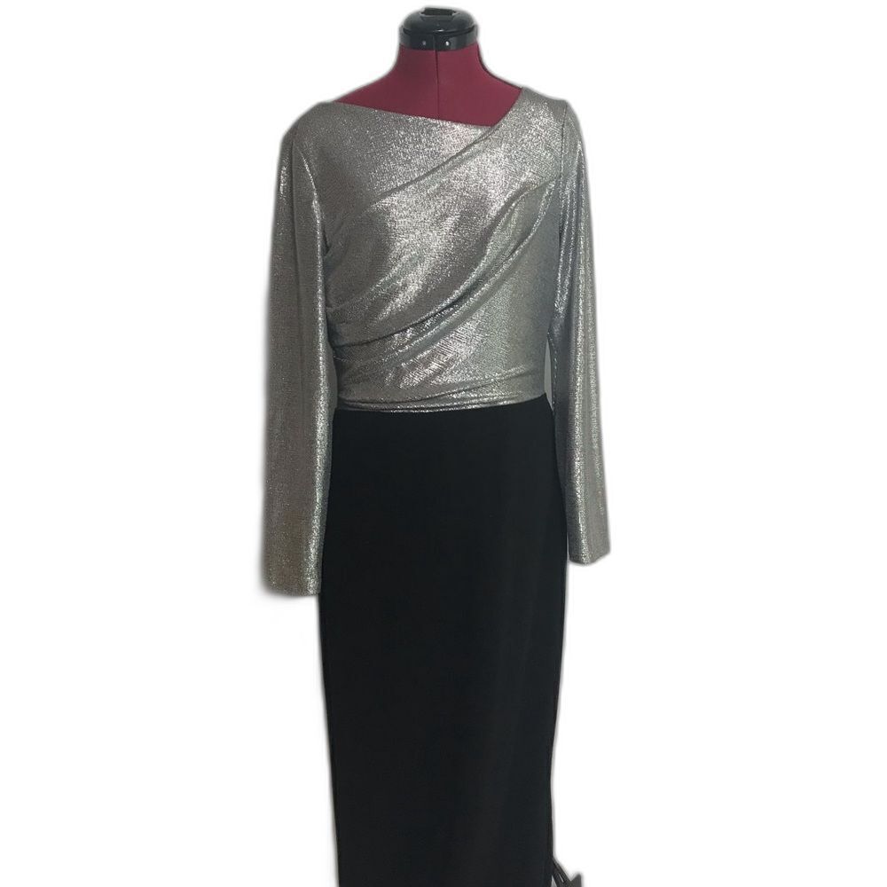 Lauren Ralph Lauren Maxi Gown Women’s Size 10 Black & Silver Metallic - Picture 10 of 12